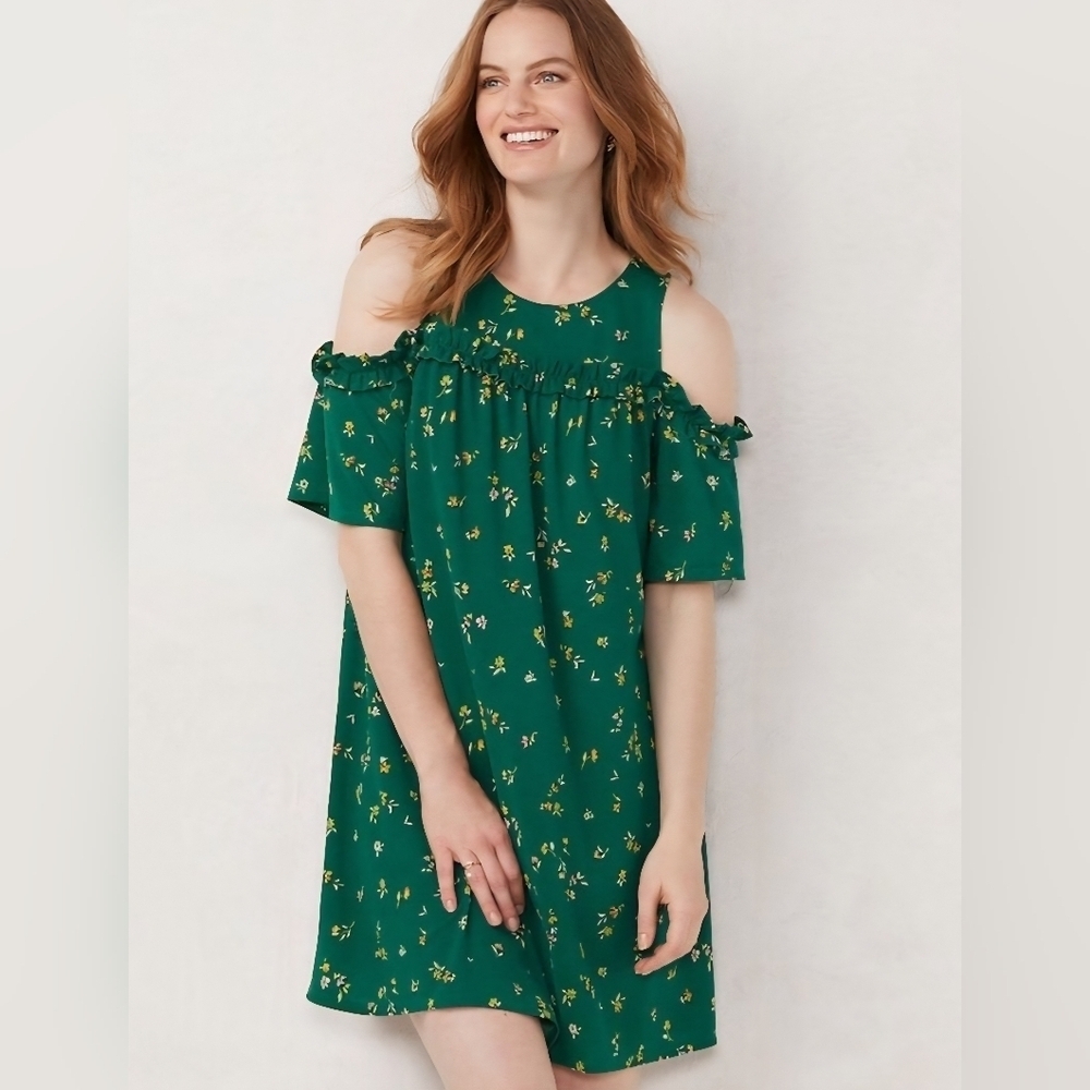 LC Lauren Conrad Green Floral Cold Shoulder Dress Large Easter Spring Wedding